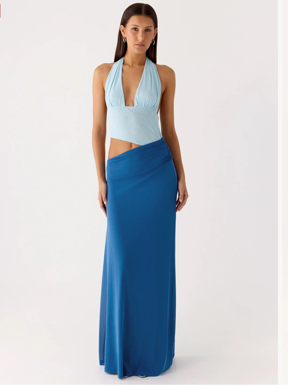 Peppermayo Two-Tone Blue Halter Maxi Skirt Dress